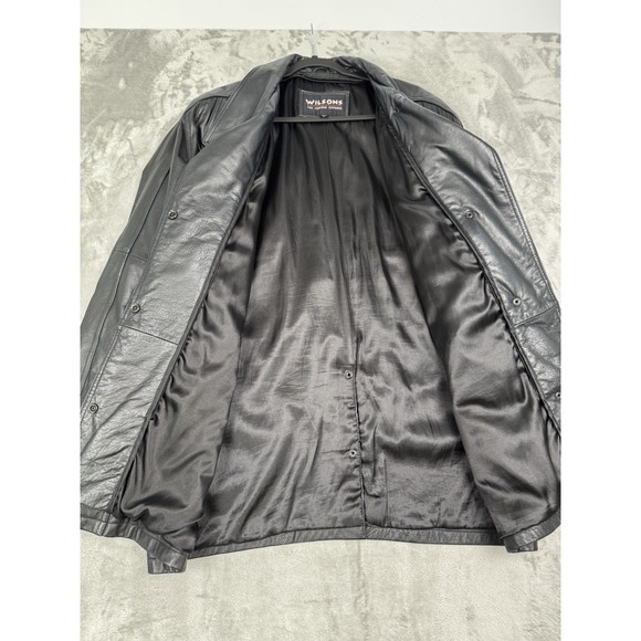 Vintage Wilsons Black Leather Jacket Mens Large L Field Overcoat 90s Y2K Read - Picture 3 of 11